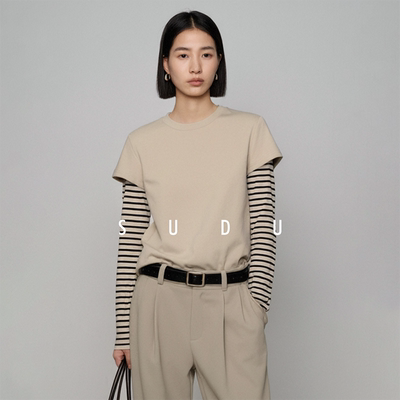 素都假两件拼接条纹长袖t恤上衣