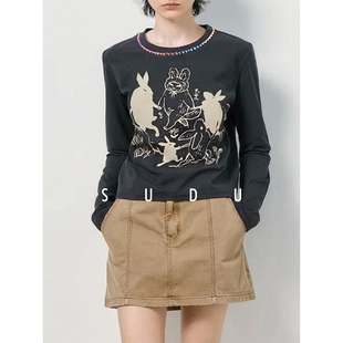 SUDU素都2026早春新款圆领长袖T恤女设计感减龄兔子印花正肩上衣