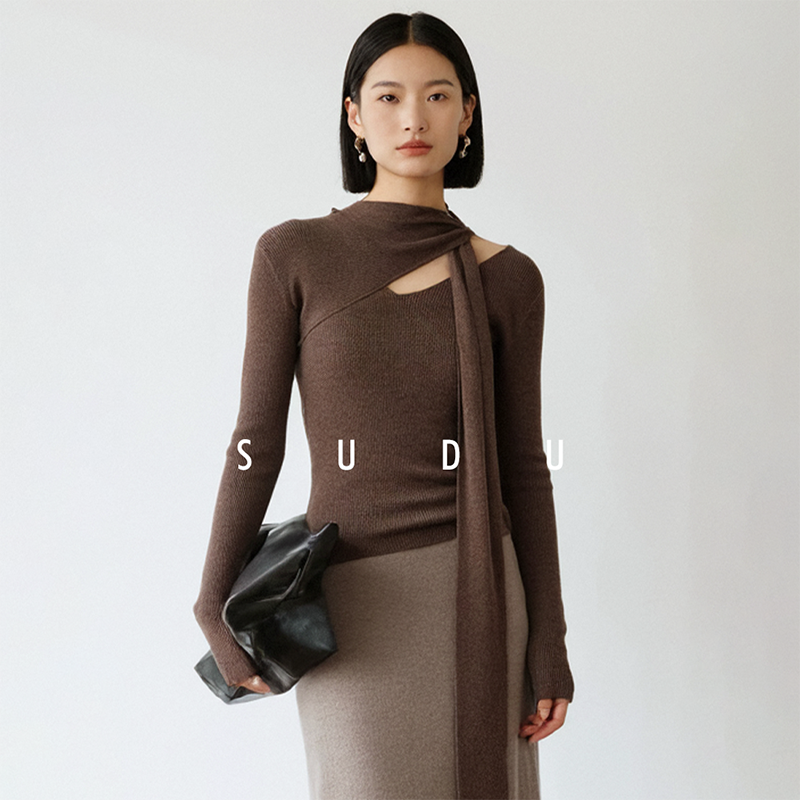 素都飘带斜肩羊毛针织衫女士上衣