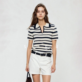 SUDU素都Miu系知识分子休闲风轻薄复古条纹V领针织Polo短袖 T恤女