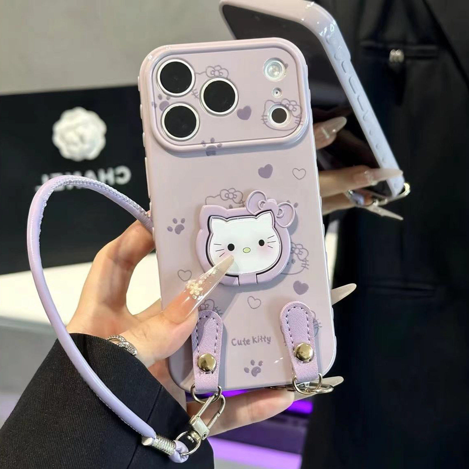适用苹果17promax手机壳iphone15香芋紫猫咪支架挂绳16硅胶14可爱