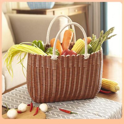 ??仿藤编收纳手提篮彩管棕色户外郊游野餐野餐篮塑料编织鸡蛋收纳