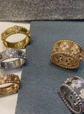 版本万花筒宽窄版戒指女四叶小花满钻级情侣对戒礼物