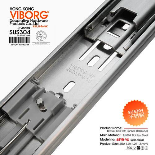 VIBORG域堡304不锈钢三节缓冲自闭抽屉滑轨滚珠抽屉轨道防夹导轨