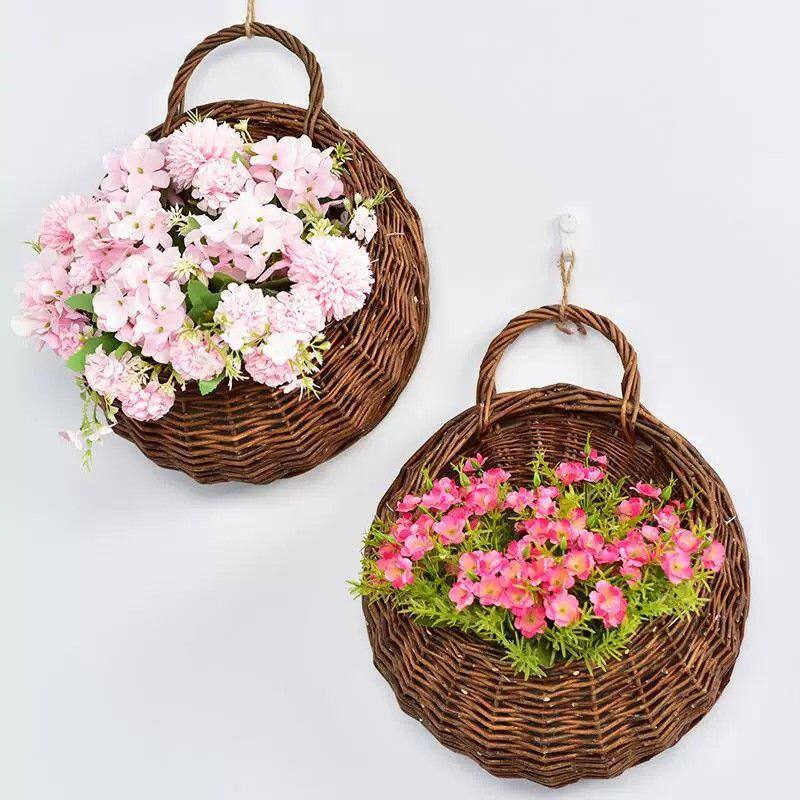 墙上装饰壁挂花篮藤编客厅创意墙面挂件干花仿真花壁挂花花藤套装