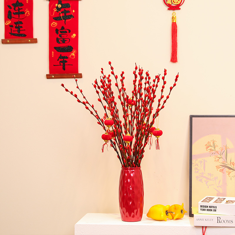 【年宵花材】银柳真花鲜枝抱抱福桶喜庆年宵花卉盆栽室内红色干花
