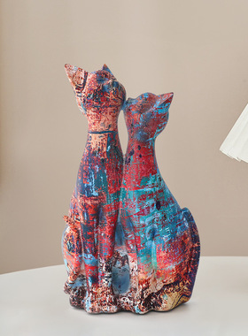 抽象艺术情d侣猫摆件创意一对客厅玄关卧室桌面电视柜高级感装饰