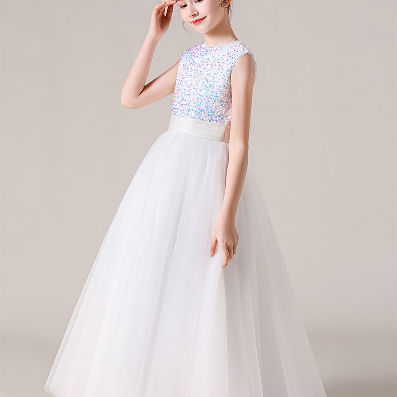 中大童小提e琴演奏白色钢琴演出服女童高端礼服学校合唱团主持人