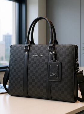 仅亏一天新款 男士手提包商务高档斜挎时尚格纹大容量公文包男休