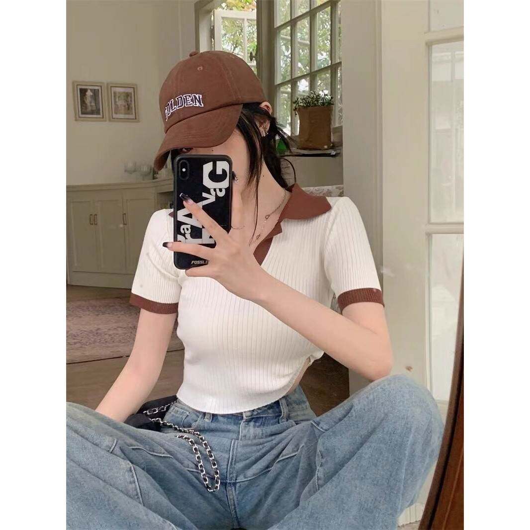 港味覆古撞色polo衫冰丝针织短袖T恤女夏薄款高级感翻领正肩上衣
