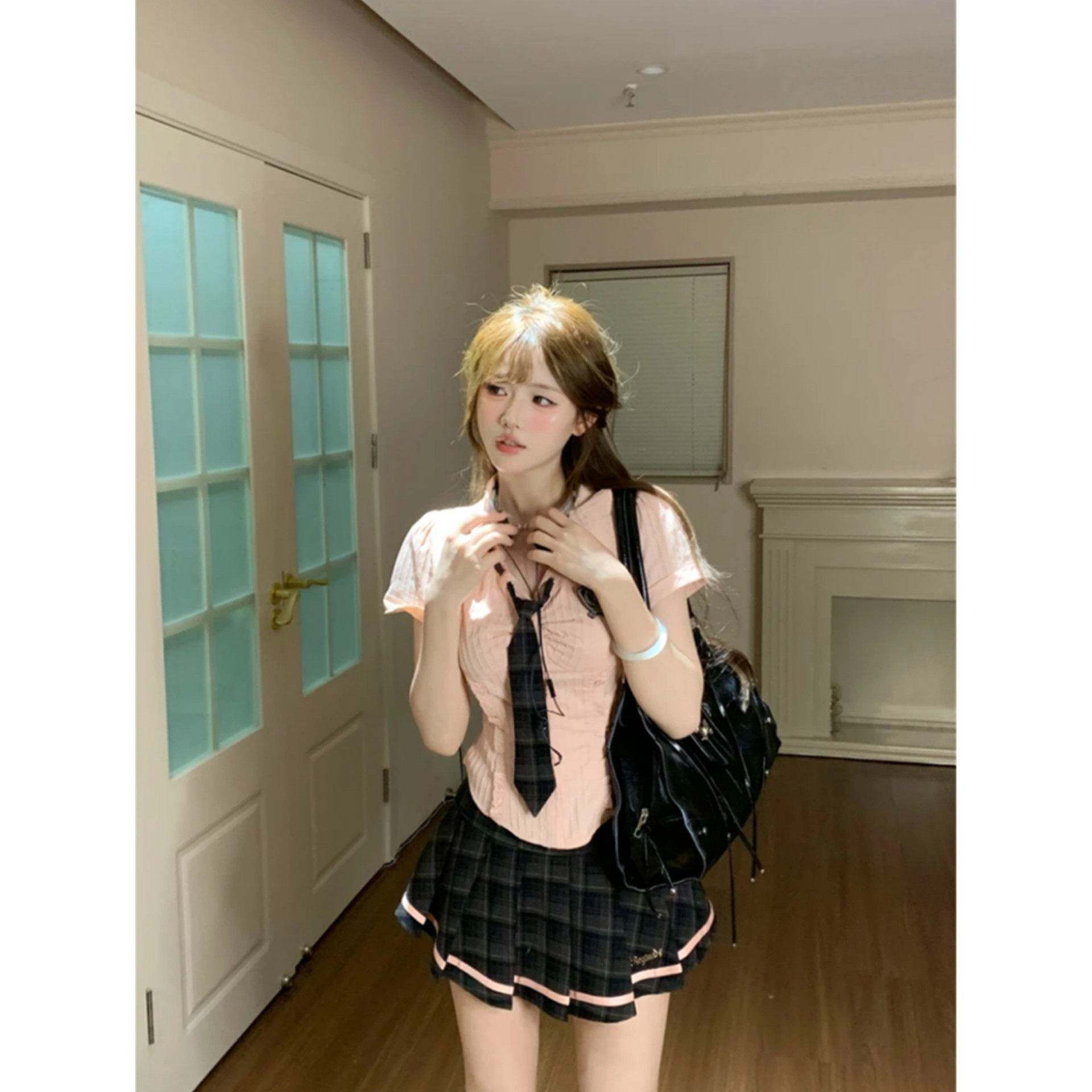 学院风甜美套装女夏季小个子甜妹穿搭短袖衬衫上衣半身短裙两件套