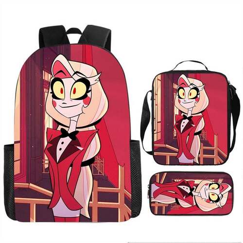 跨境地狱客栈Hazbin Hotel学生双肩包卡通书包三件套背包挎包笔袋