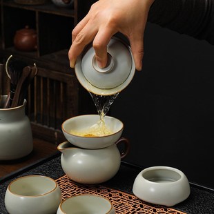 陶瓷茶壶茶杯套装 黄汝窑宿舍茶具个人专用办公室中式 家用一套茶盘