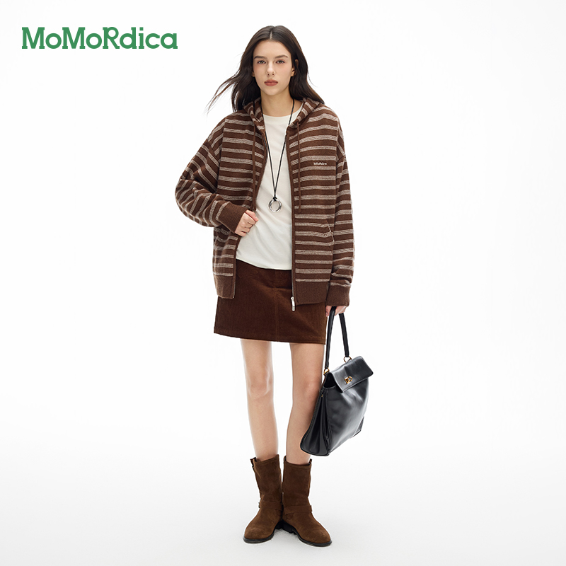 Momordica新款2025冬季条纹连帽纯绵羊毛衣双头拉链外套休闲简约