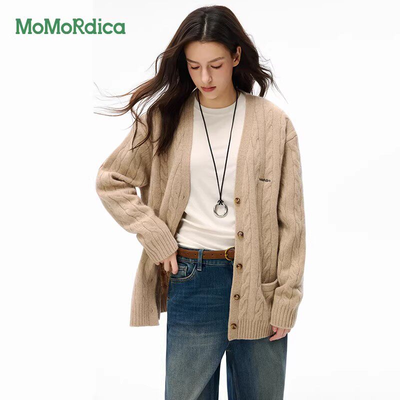【晁然推荐】Momordica秋冬羊毛羊绒开衫V领毛衣女宽松毛针
