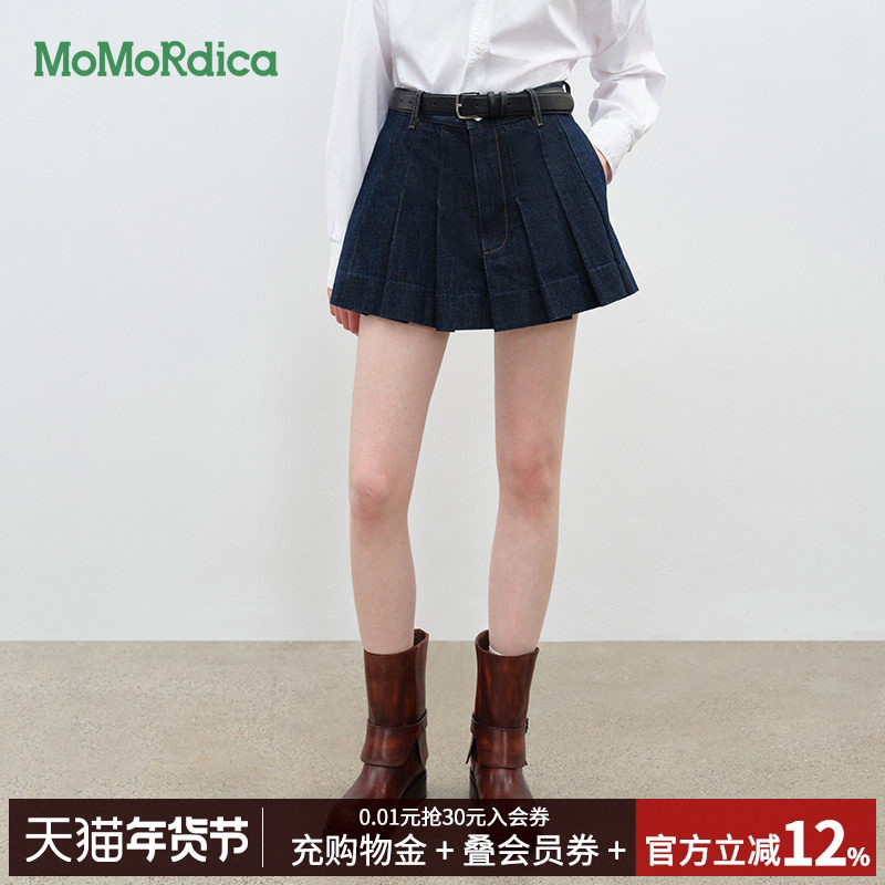 [清仓]Momordica时尚休闲松弛感短裙百褶裙A型牛仔半身裙