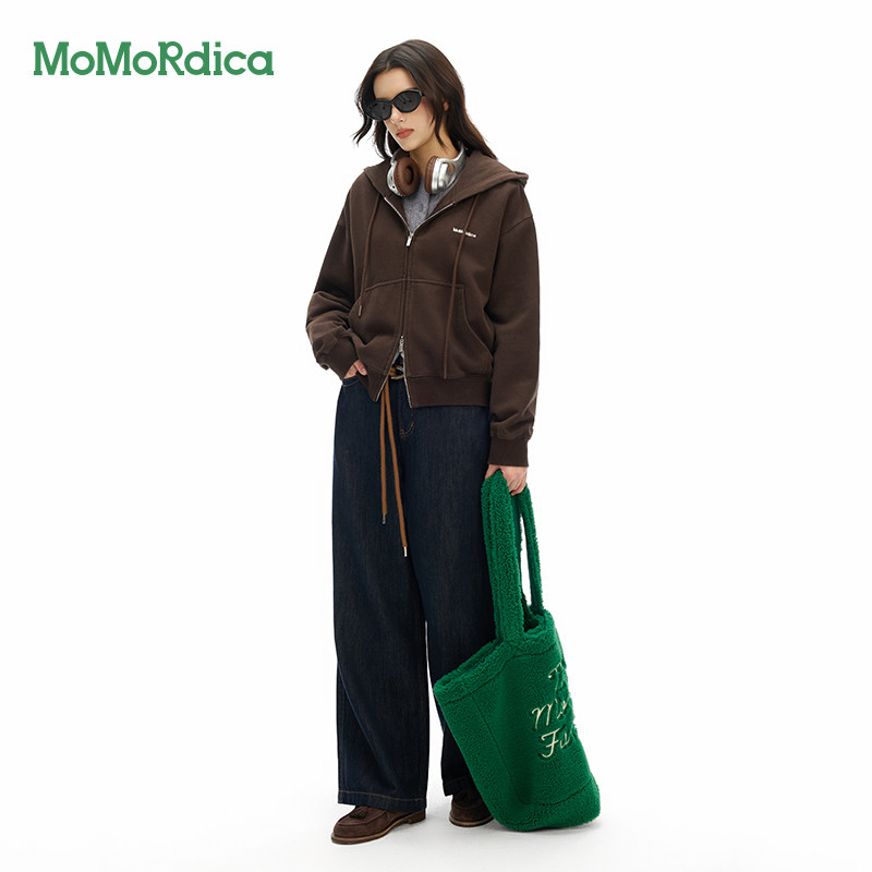Momordica冬季底抓绒拉链连帽卫衣短外套女宽松棉上衣