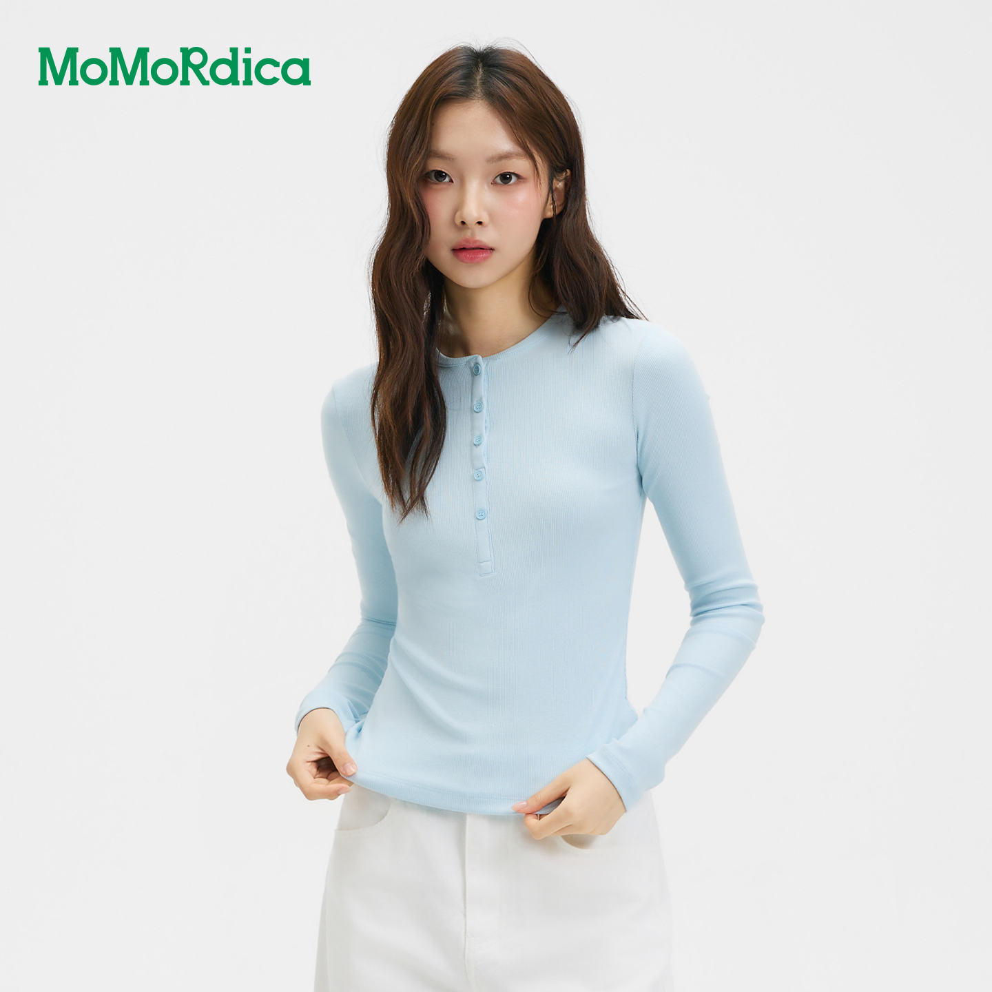 Momordica2026新款日常简约通勤修身扣子半开领亨利领长袖T恤上衣