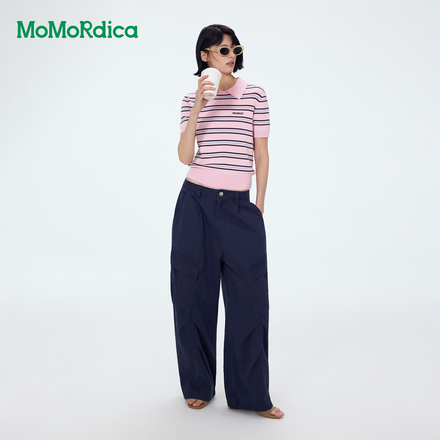 Momordica 时尚撞色条纹Polo领短款针织衫 / 美式多口袋工装长裤