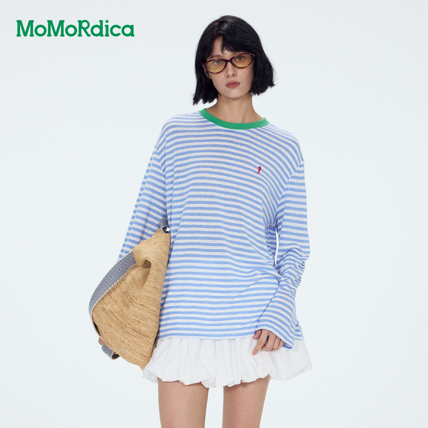 Momordica长袖T恤女26夏季新款宽松显瘦撞色经典条纹罩衫上衣女
