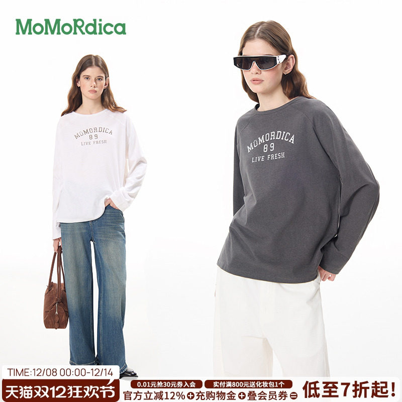 MoMoRdica2025秋季女长袖T恤棉圆领套头衫水墨印花插肩袖显瘦上衣