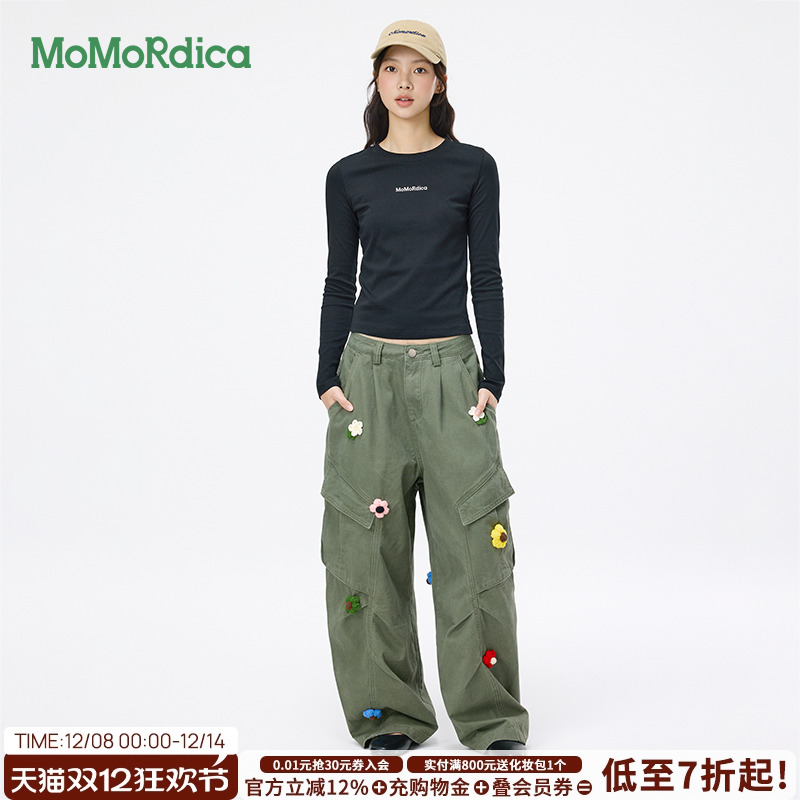 Momordica2025冬季新款花朵刺绣多口袋直筒工装裤