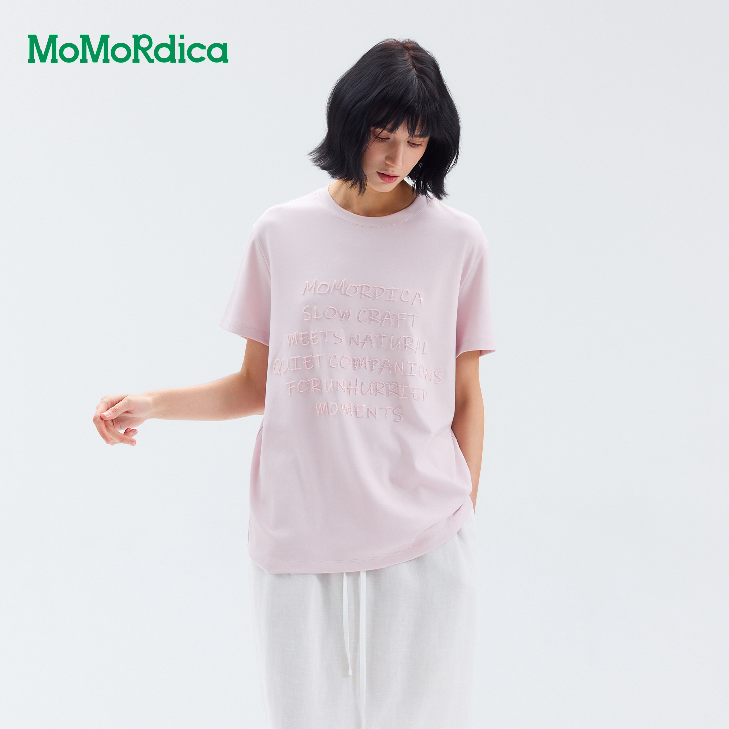 Momordica 宽松短袖T恤女26夏季新款百搭字母刺绣圆领套头上衣女