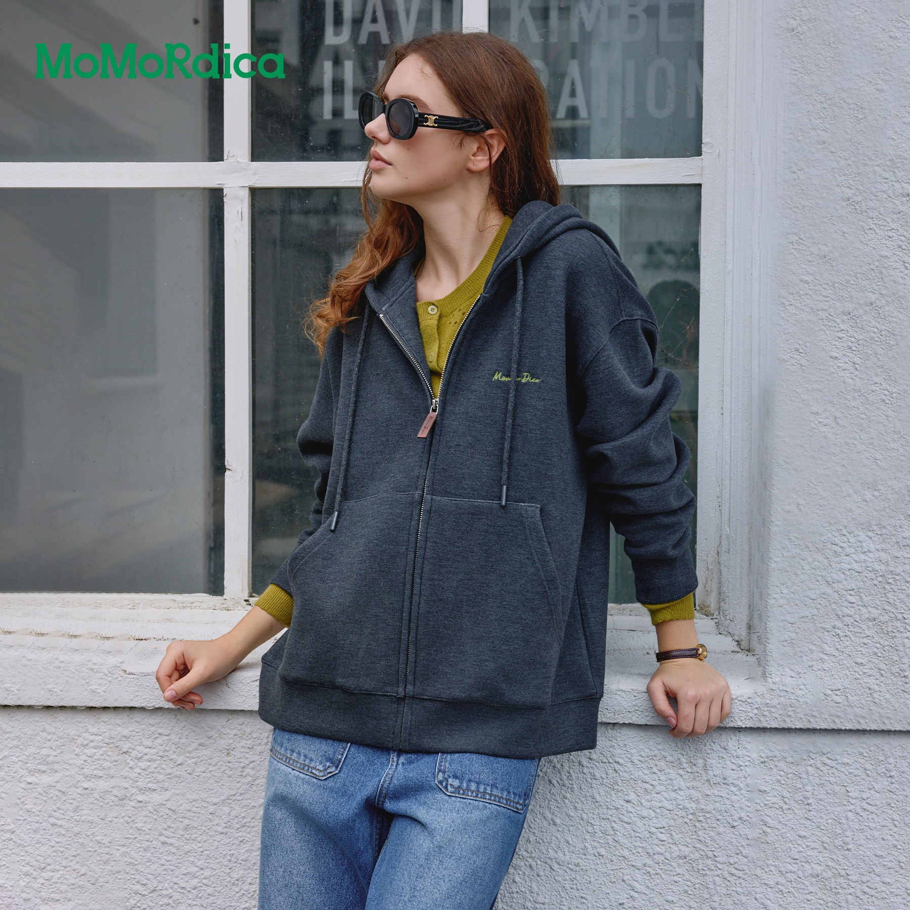 Momordica连帽卫衣外套秋冬新款休闲宽松版型绵羊毛绒感开衫外套