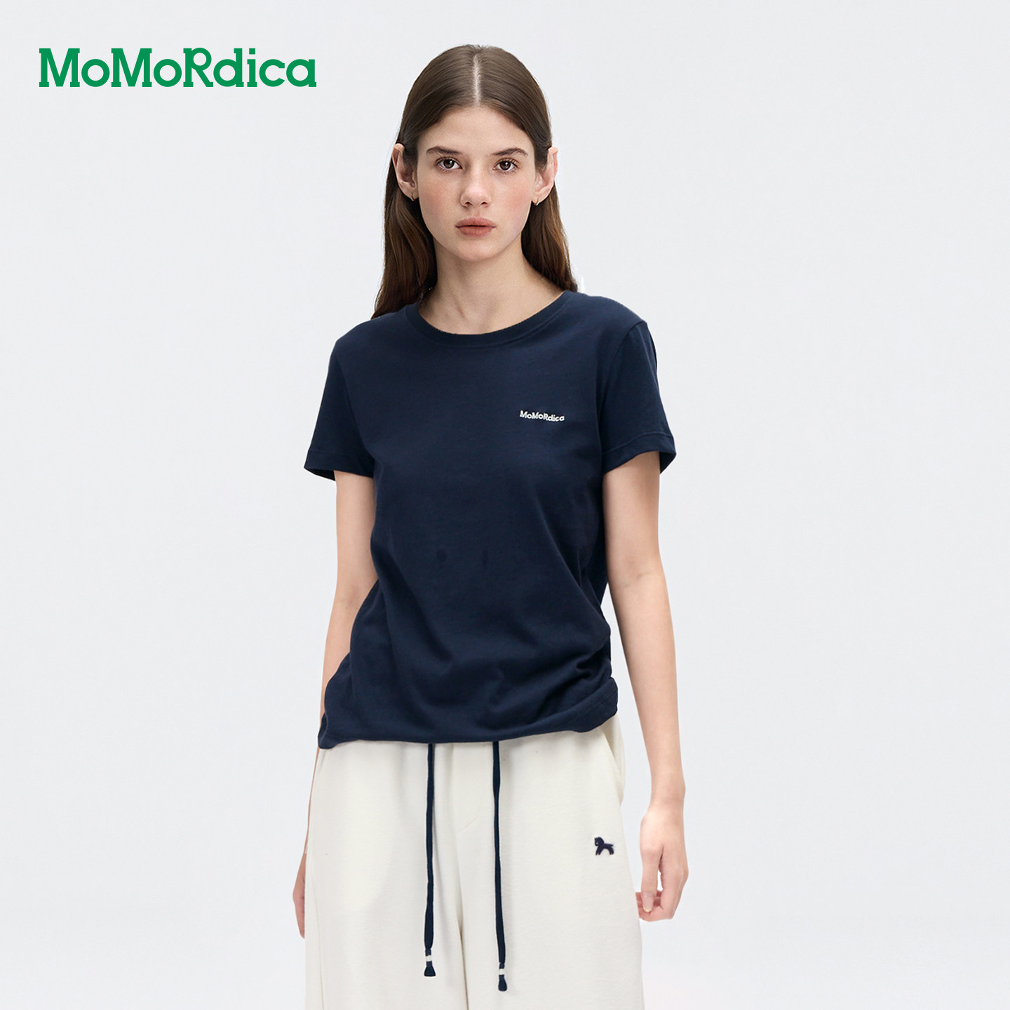 Momordica26夏新款简约休闲修身显瘦针织圆领套头短袖T恤女上衣