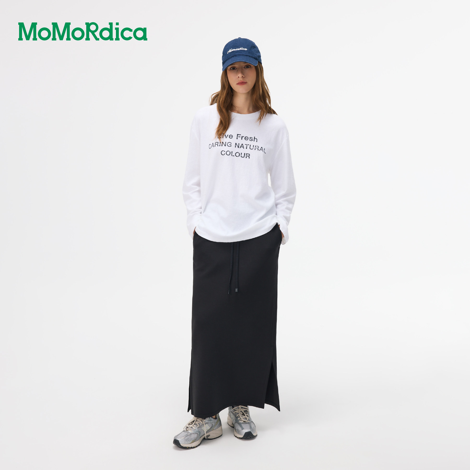 Momordica长袖T恤女2026秋新款简约通勤百搭印花中长款套头上衣女