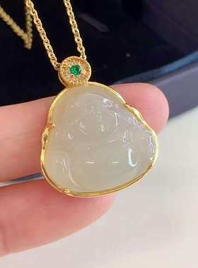 新款天然和田玉真品有鉴定书佛公吊坠轻奢小众女项链搭配毛衣链