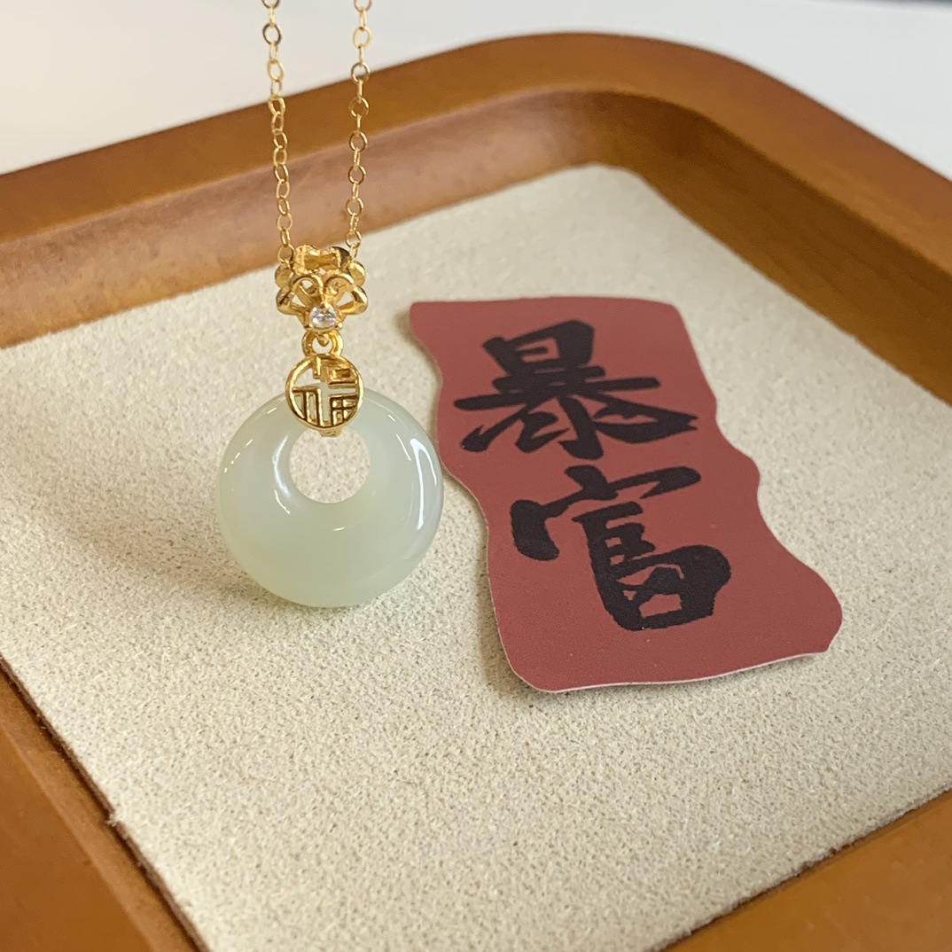 新中式S925银平安扣和田玉项链四叶草吊坠玉石锁骨链 520礼物