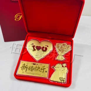 中国风黄金新郎新娘摆件新婚快乐金钞玫瑰手金片捧花结婚伴手礼