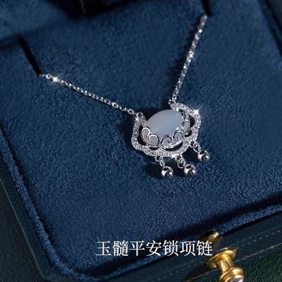 中国风黄金玉髓平安锁银项链女纯银999锁骨小众生日礼物送女友