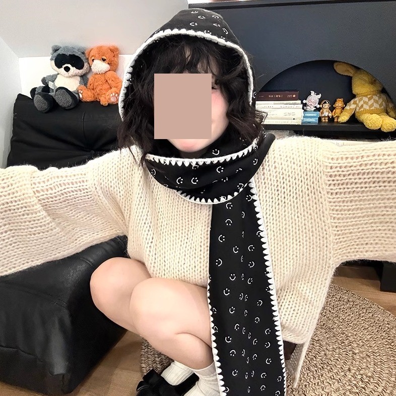 韩版笑脸印花帽子围巾一体百搭围脖2024冬季新款女时尚保暖披肩女