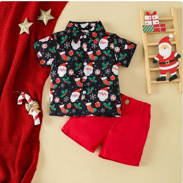 欧美圣诞儿童服装夏季男童周岁潮流绅士圣诞老人麋鹿短袖短裤套装