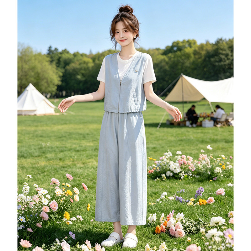 韩版气质通勤套装女2026夏季假两件短袖上衣小个子阔腿长裤两件套