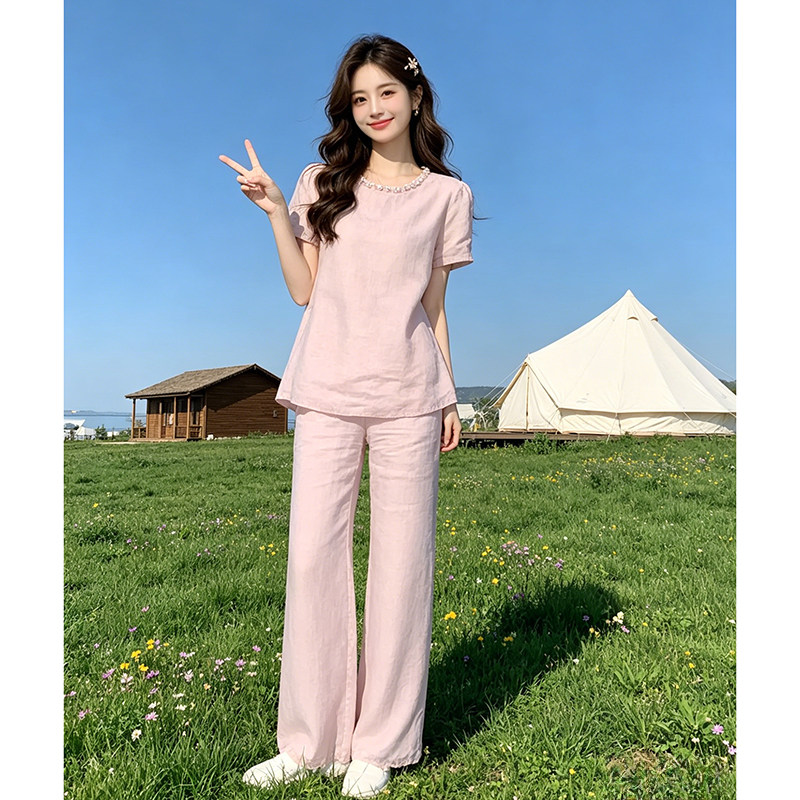 韩版时尚chic纯色无袖上衣女夏季2026新款巨好看休闲宽松长裤套装