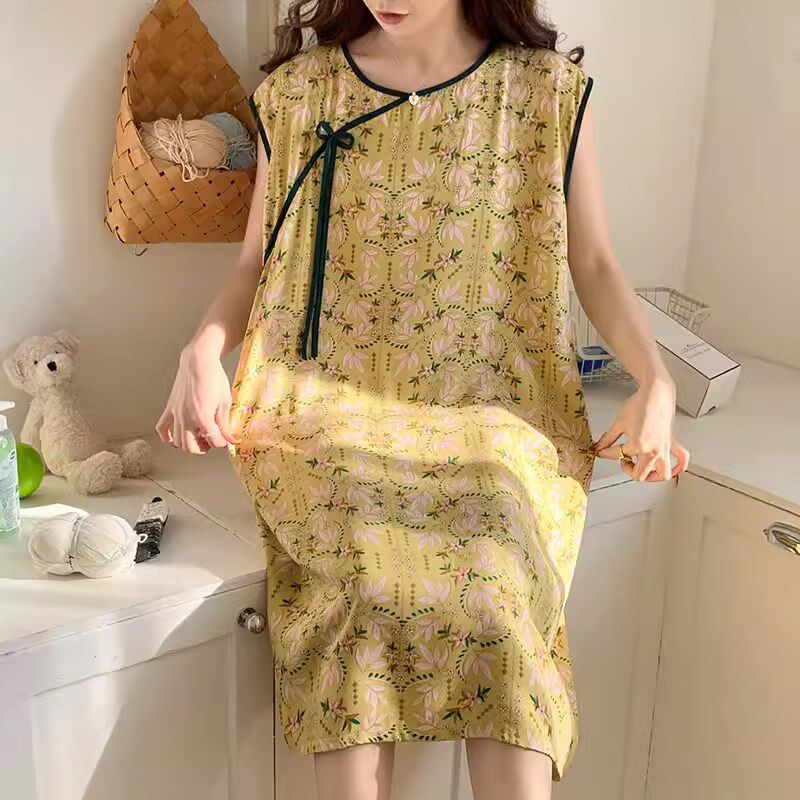 宅一起背心新中式国风棉绸睡裙女夏无袖睡衣连衣裙人造棉古风薄款