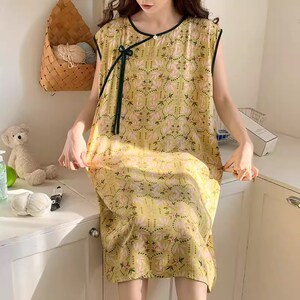宅一起背心新中式国风棉绸睡裙女夏无袖睡衣连衣裙人造棉古风薄款