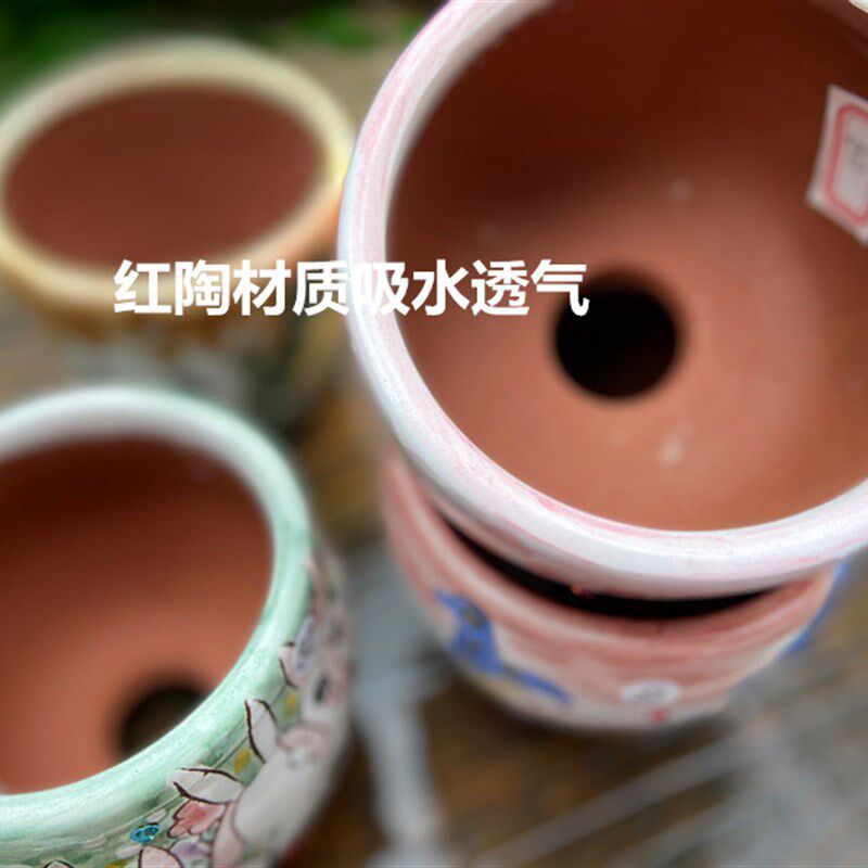 景德镇韩式dan雕刻手绘卡通可爱多肉麦秆女王透气吸水花盆口6-8
