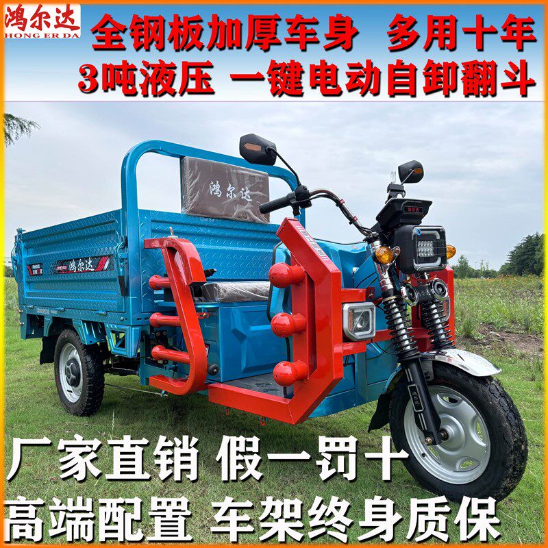 自卸加厚钢板车厢拉货家用载重长跑王电瓶电动翻斗三轮车厂家直销