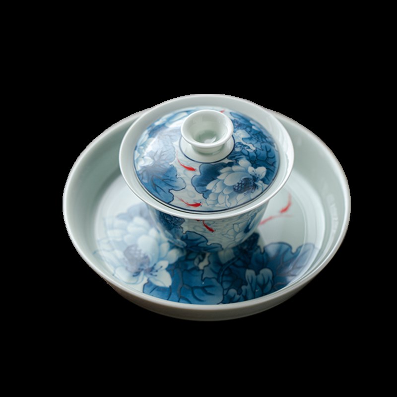 陶瓷三才盖碗可悬停茶杯大号壶承单个青花泡茶不烫手高档功夫茶具