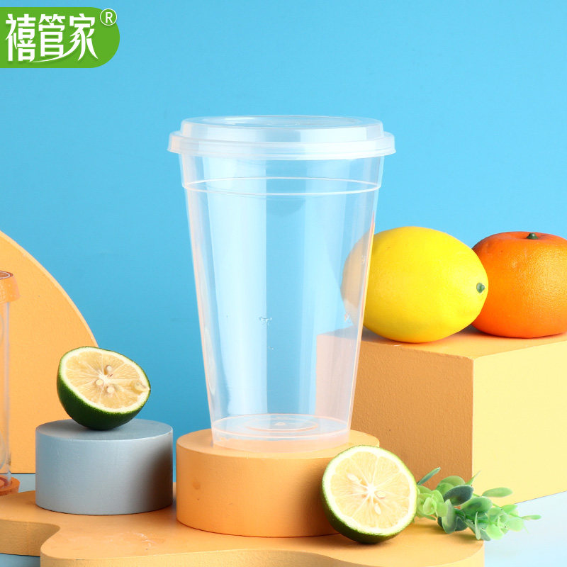 网红水果桶杯商用水果茶桶打包盒塑料1000ml奶茶桶带盖子贴纸霸王