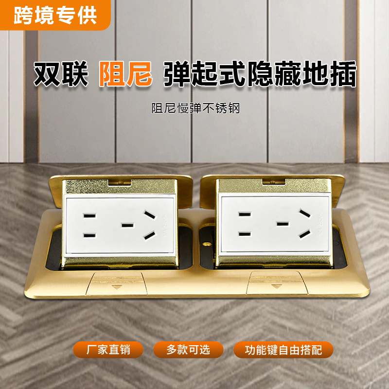 220型双联慢弹起式阻尼全铜地插座五孔网络6类隐藏式防水地板插座