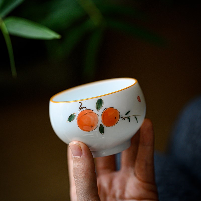 事事如意纯手绘柿子罗汉杯主人杯单杯陶瓷茶杯个人专用杯功夫茶具