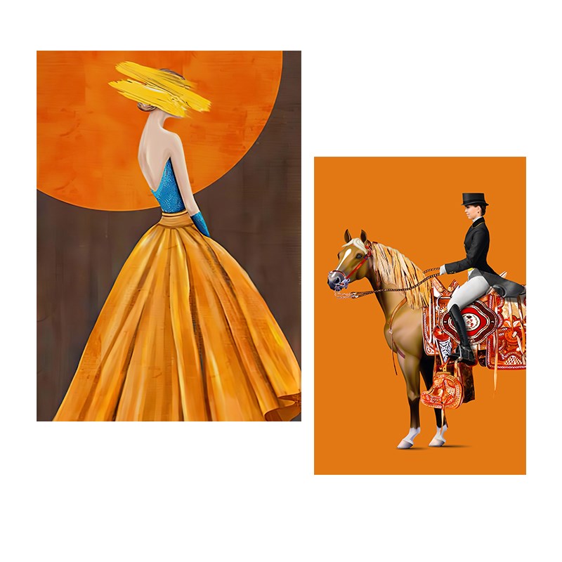 橙色骑士挂画客i厅沙发背景墙玄关壁画马术时尚美女艺术人物装饰图片