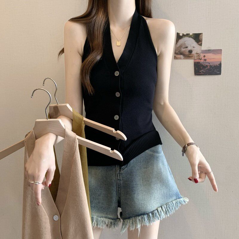 新品针织吊带背心女内搭夏季大码胖mm设计L感短款露肩挂脖无袖上
