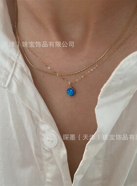 极速项链锁骨链欧泊金吊坠u女蓝色石14k美国包气质轻奢复古小众蓝