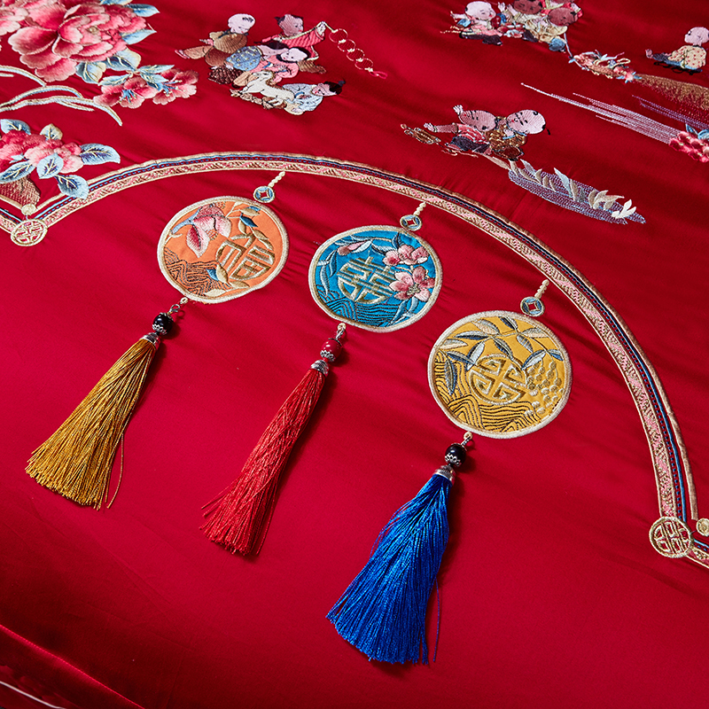 极速百子a添喜凤婚庆四件套结婚全棉喜被陪嫁床上用品被套床单六